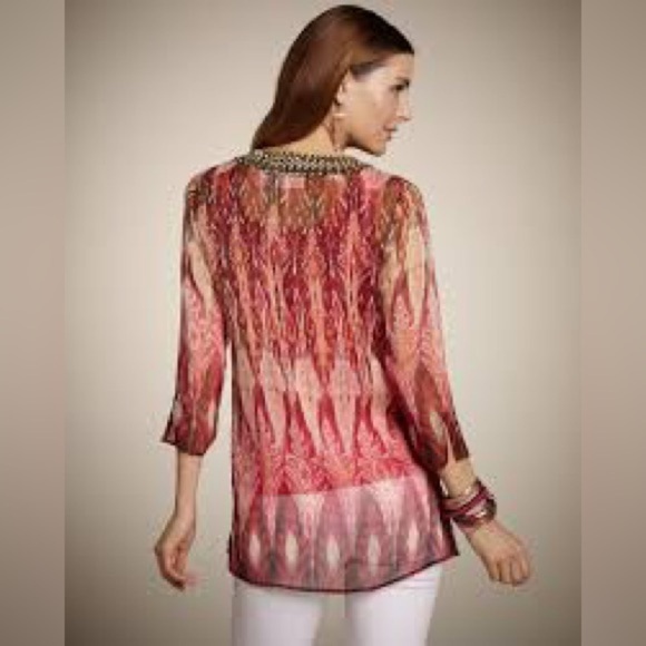 Chicos Size 1 US M Tropic Delight Kaikoura Embellished Tunic Top Boho Semi Sheer - Picture 3 of 10